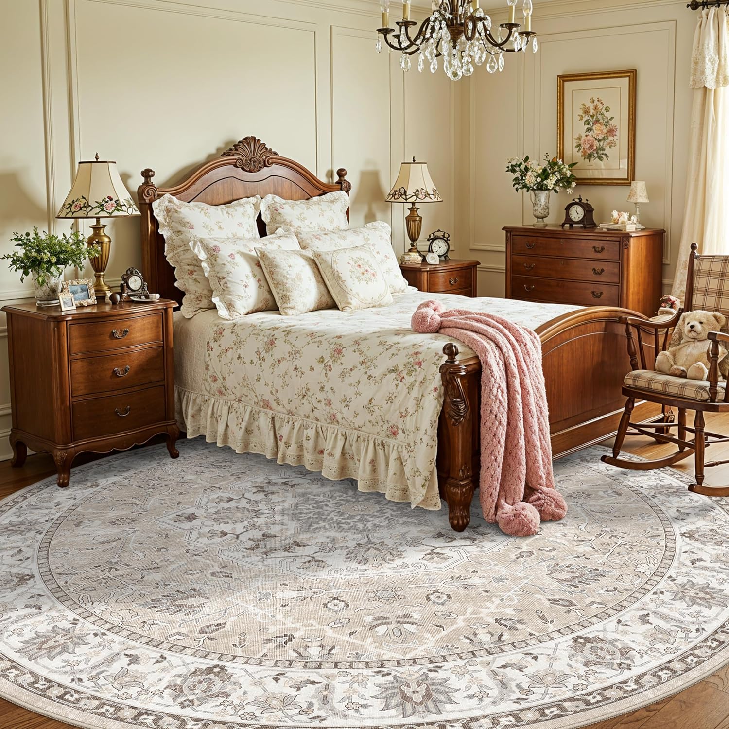 Washable 8ft Round Area Rug - Soft, Non-Slip Oriental Carpet for Living Room & Bedroom | Stain Resistant Beige
