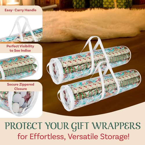Elf Stor Wrapping Paper Storage Bags - Set of 2 Clear Totes with Handles for 30-Inch Rolls
