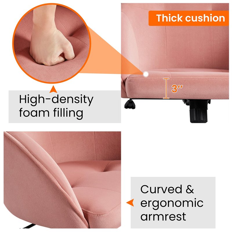 Yaheetech Pink Office Chair Small Cute Vanity Chair with Back Wheels Velvet Swivel Rolling Desk Computer Armchair for Bedroom Living Room