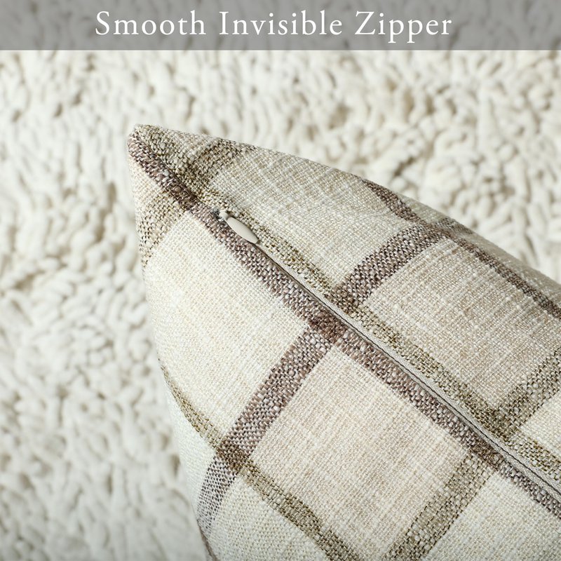 Stellhome Pack of 2 Fall Linen Buffalo Check Decorative Throw Pillow Covers, Farmhouse Plaid Cushion Covers Rustic Retro Decor for Couch Sofa Living Room, 24x24 Inch, Beige