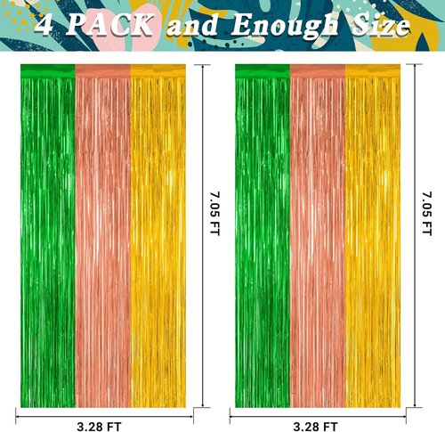 Hawaiian Party Decorations by [Brand Name] - 4 Pack Tinsel Backdrop | 3.28 FT x 7.05 FT Metallic Foil Curtains