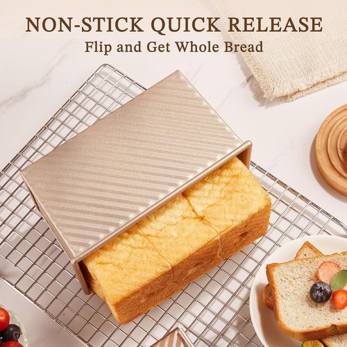 KITESSENSU Pullman Loaf Pan - Non-Stick Carbon Steel Bakeware with Lid | 1 lb Dough Capacity, Gold