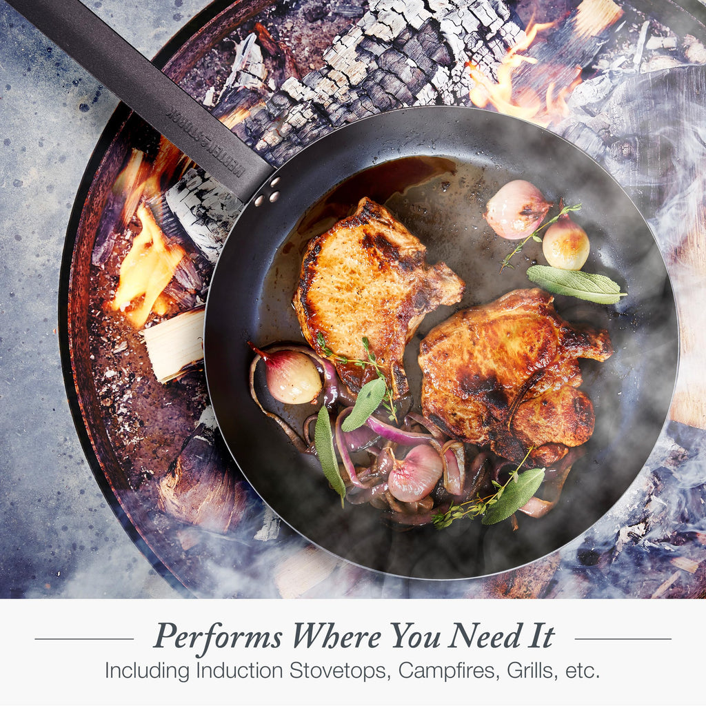Merten & Storck Pre-Seasoned Carbon Steel 12” Frying Pan Skillet, Use on Induction, Stove and Grill, Durable, Even-Heating, for Searing, Grilling, Oven Use, and Campfire, Indoor/Outdoor