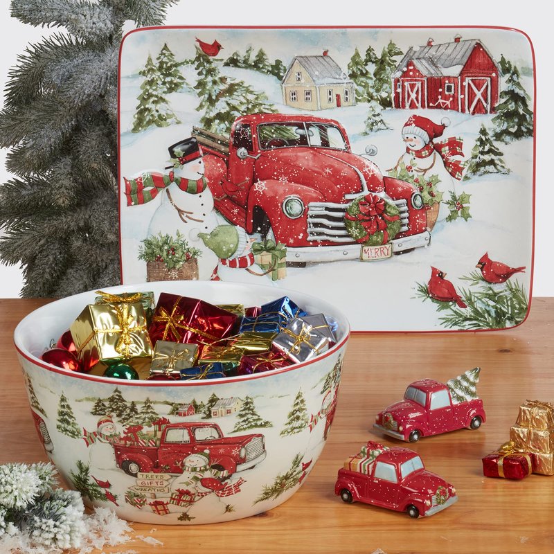 Red Truck Snowman Set of 4 Ceramic Dinner Plates – Add classic holiday charm to your table with these beautifully detailed plates featuring vintage red trucks and cheerful snowmen 10.25"