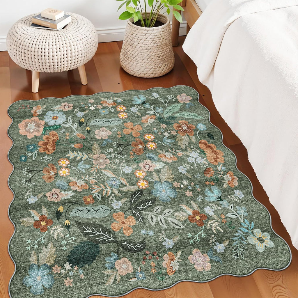 Regine Switzerland Floral Square Area Rug - Washable 5x5 Soft Water-Resistant Carpet | Non-Slip Backing for Living Room & Bedroom Decor