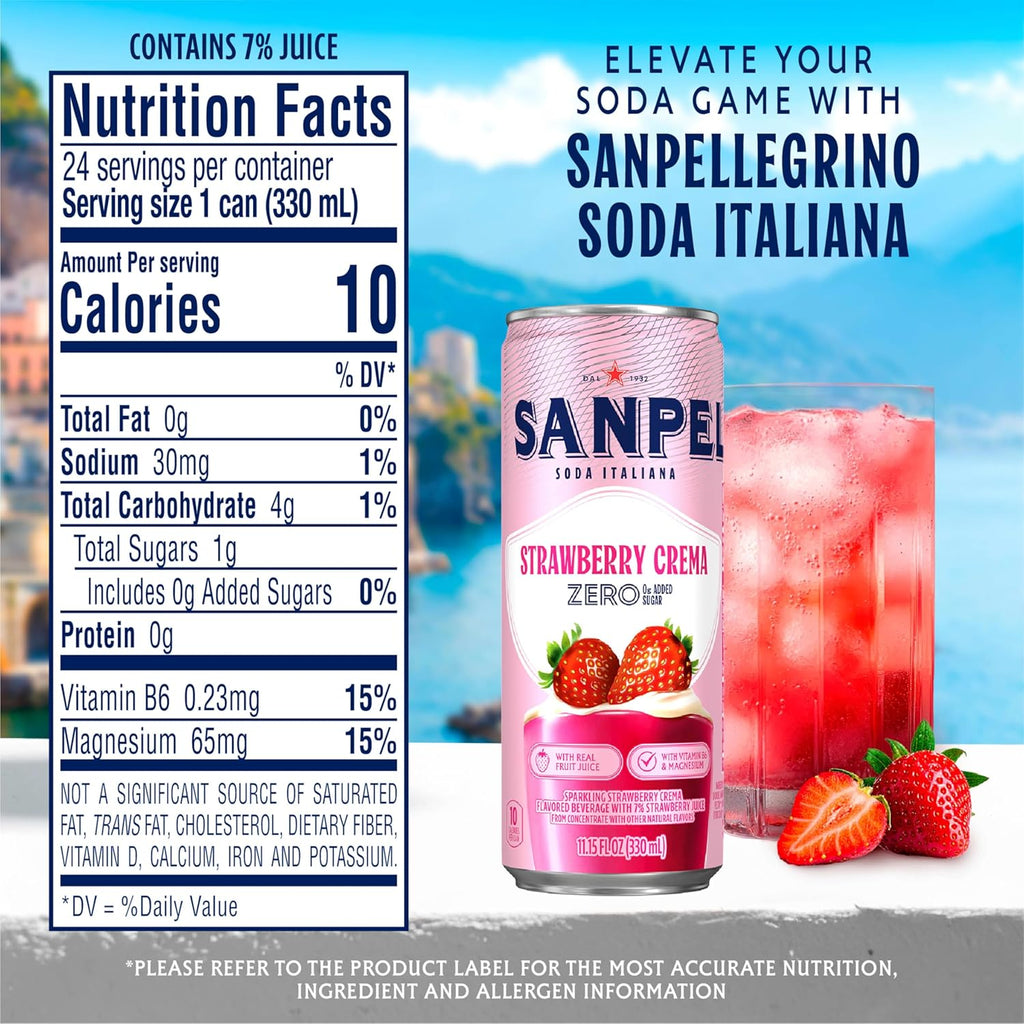 Sanpellegrino Strawberry Crema Italian Sparkling Soda - 0g Added Sugar, Real Fruit Juice | 24-Pack