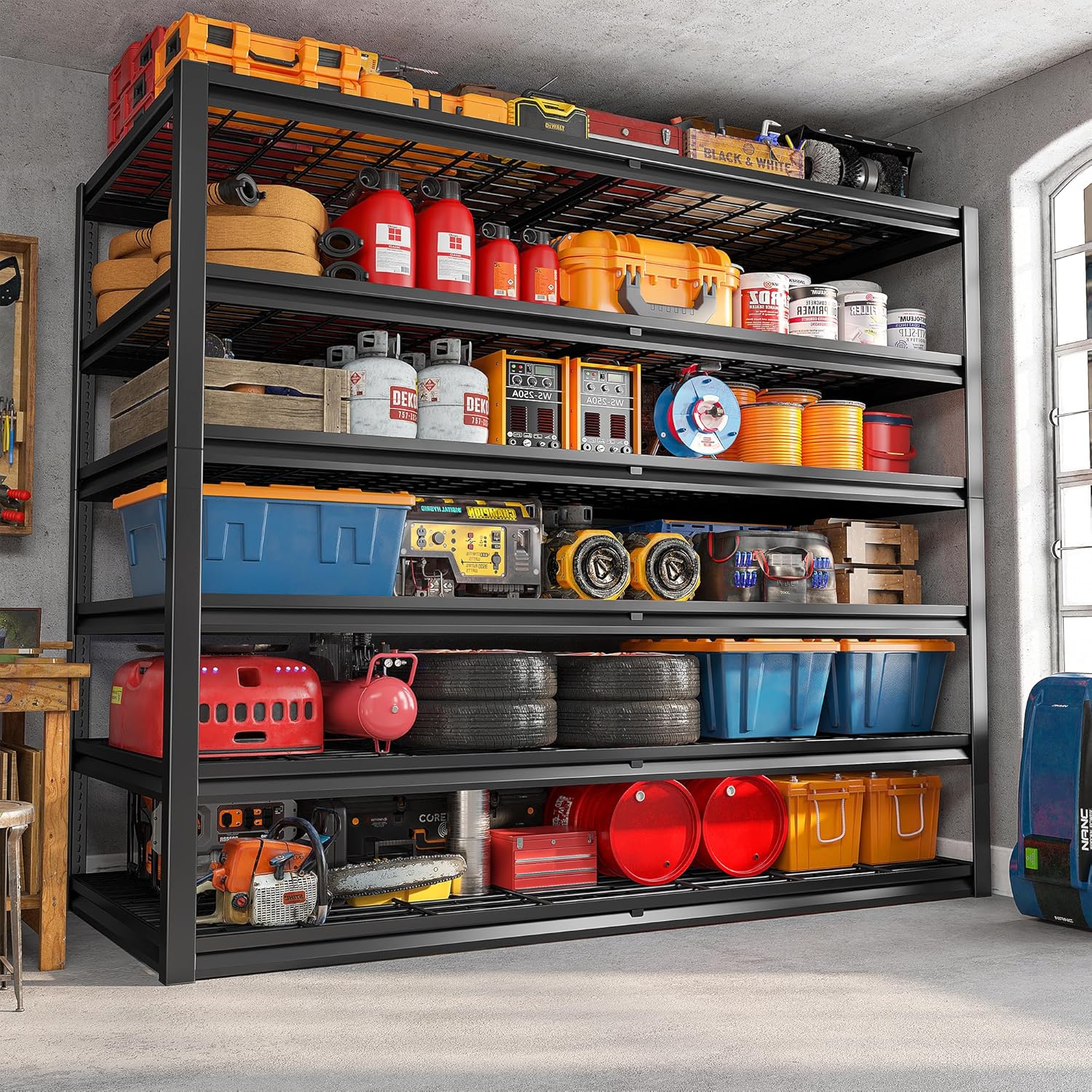 REIBII 3500LBS Heavy Duty Garage Shelving - Adjustable 6-Tier Metal Storage Unit | 55" W x 26" D x 84" H, Black, 3 Pack