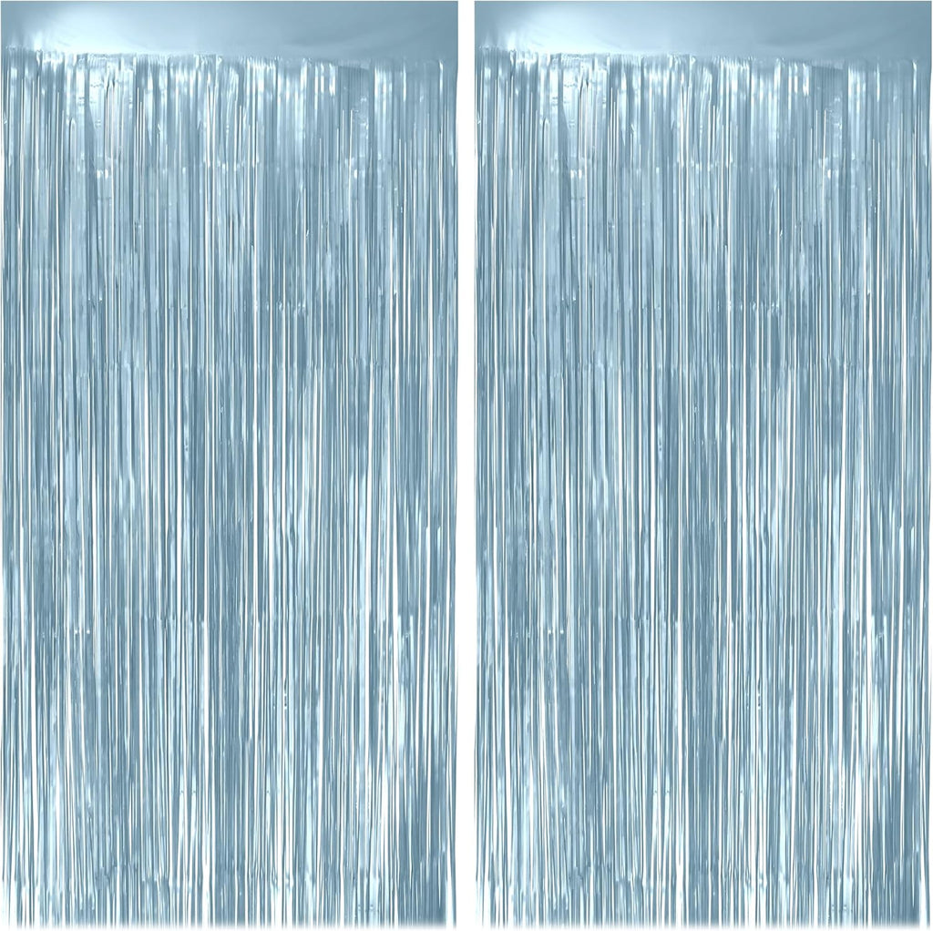 Skiennix Metallic Light Blue Fringe Backdrop - 3.2x8.2ft Shining Foil Tinsel Curtains for Parties & Events