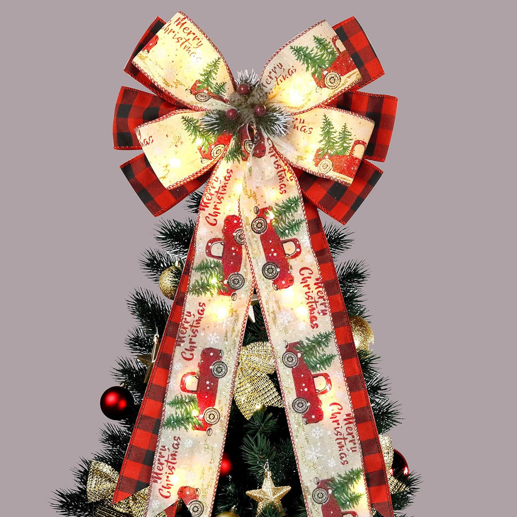 Skiennix Christmas Tree Topper Bow - 30 LED Lights, 13”x25” Large Red Black Buffalo Plaid Decor