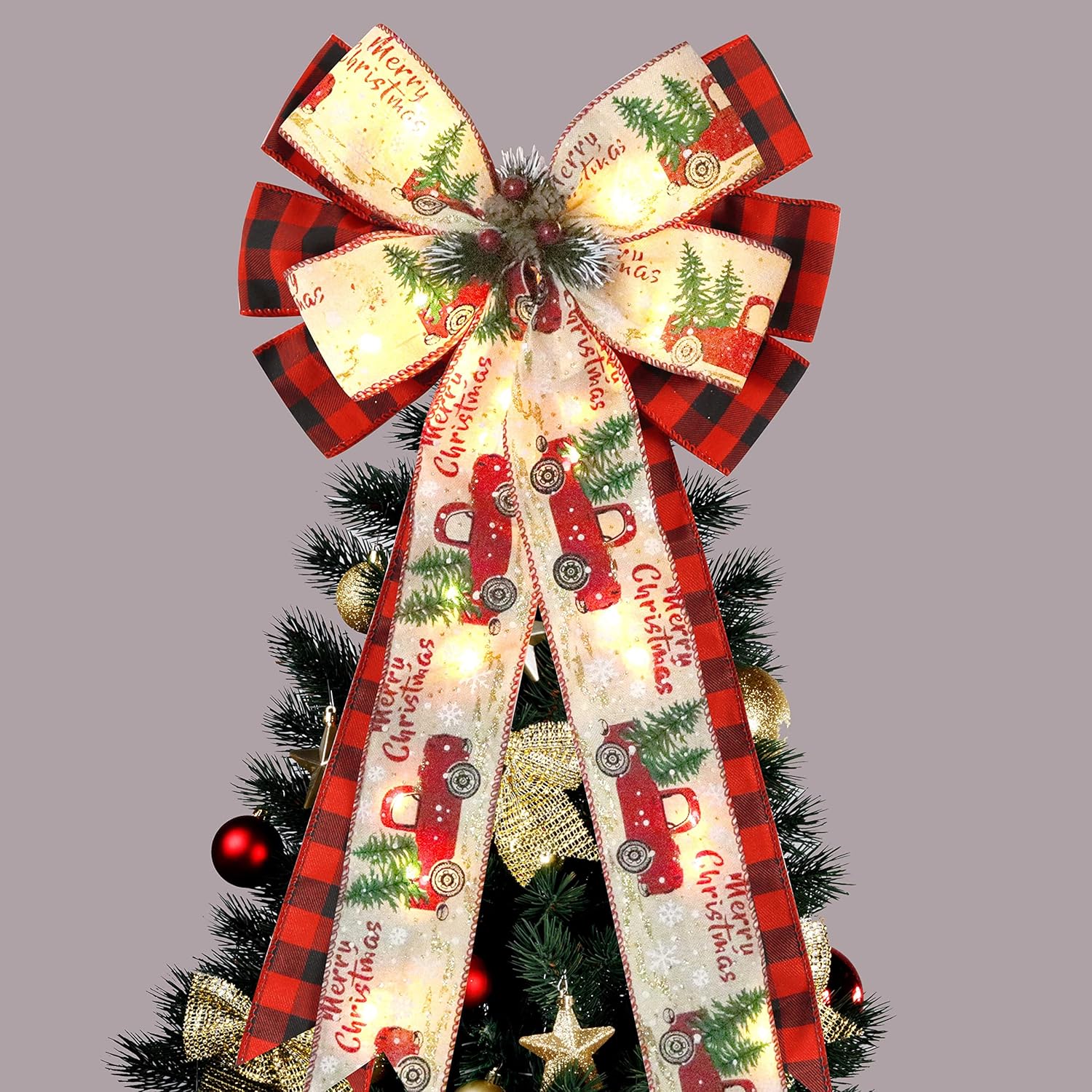 Skiennix Christmas Tree Topper Bow - 30 LED Lights, 13”x25” Large Red Black Buffalo Plaid Decor