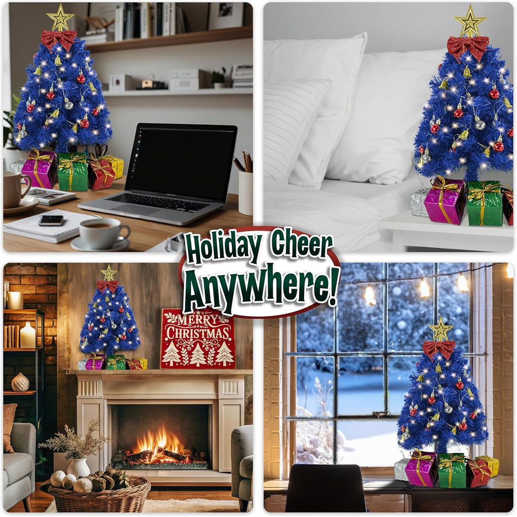 Small Blue Christmas Tree with Lights - 23-Inch Mini Tabletop Tree with Warm-White LEDs & Ornaments