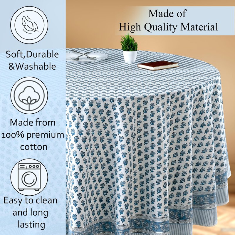 CPC Apatite Blue Block Print Cotton Handmade Round Tablecloth 60 Inch Decorative Table Cover for Home Decor, Dinning, Festive, Wedding, Farmhouse Gift for Spring, Mother's Day