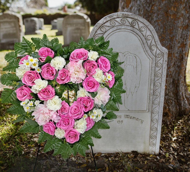 MUVIC Cemetery Flower Wreaths for Grave Decorations- Elegant Remembrance Standing Heart,Memorial Floral with Easel Stand,Pink Hibiscus Rose Carnation Daisy-27 Inch
