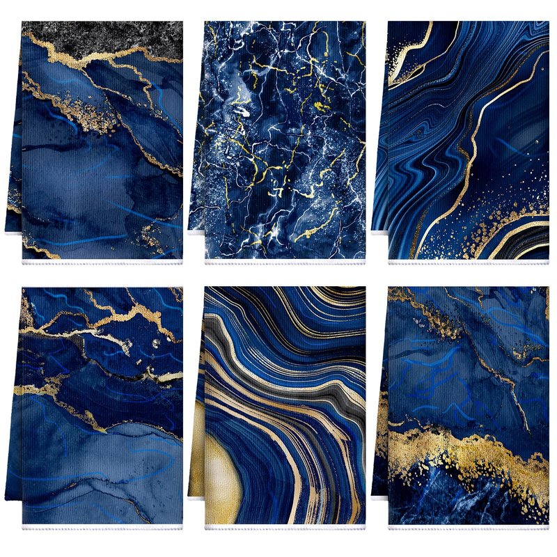 Boyiee 6 Pcs Marble Hand Towels Blue and Gold Towels Navy Blue Kitchen Towel Modern Gifts Absorbent Soft Decorative Dish Cloths Tea Towel Set Kitchen Decor Ocean Gift for Holiday Farmhouse Bathroom