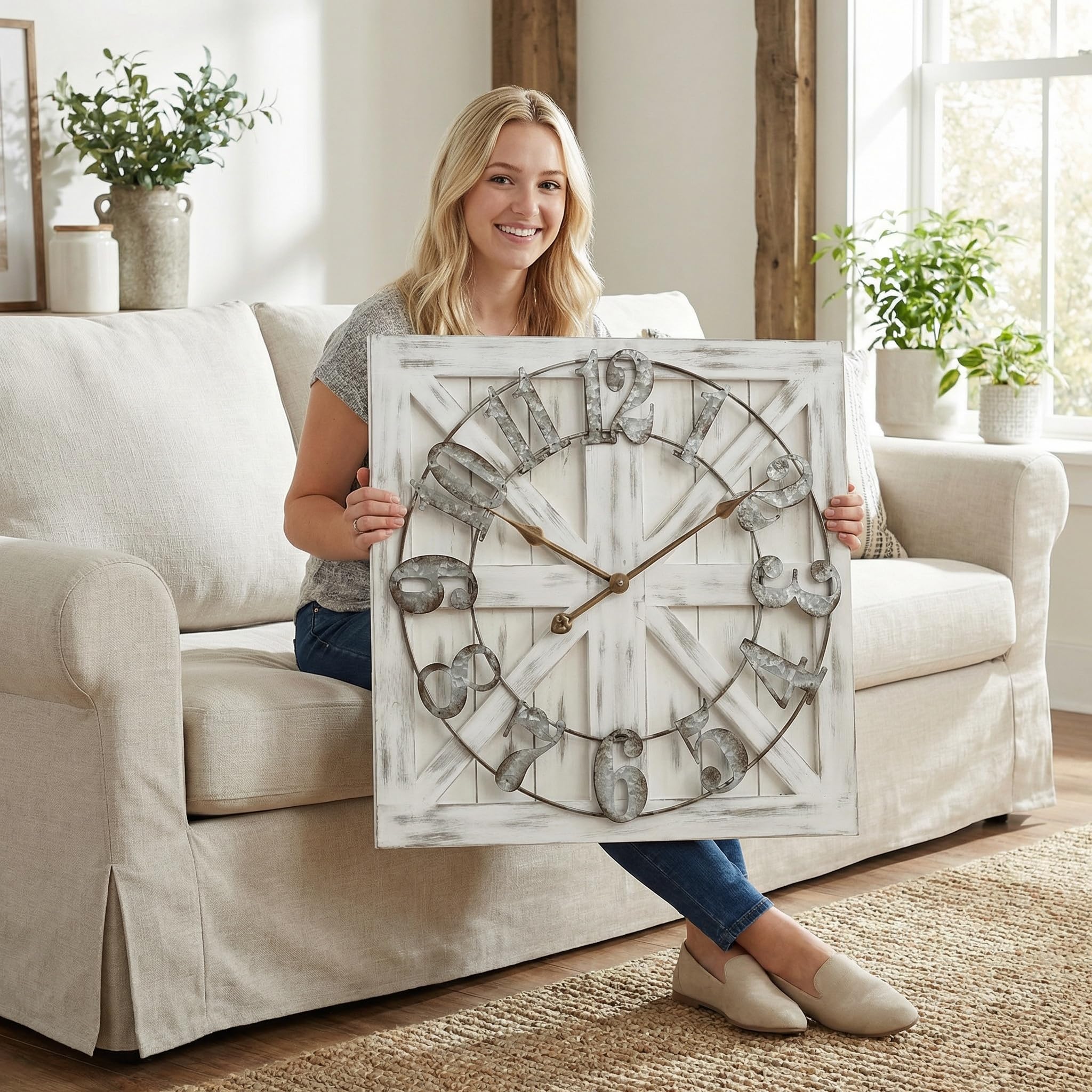 EMAX HOME Large Farmhouse Wall Clock – 24 Inch White Square Rustic Wooden Clock with Decorative Reversible Wooden Sign, Perfect for Any Space and Ideal Gift