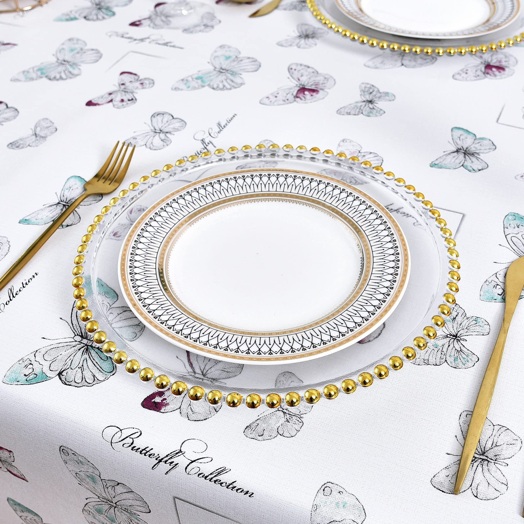 LOHASCASA Vinyl Table Cloth 9ft Plastic Tablecloth, Wipeable Oilcloth Table Covers, Waterproof PVC Rectangle/Oblong Rustic Baby Showe Camping Tablecloth for Picnic Tables, Patio, BBQ, White Butterfly