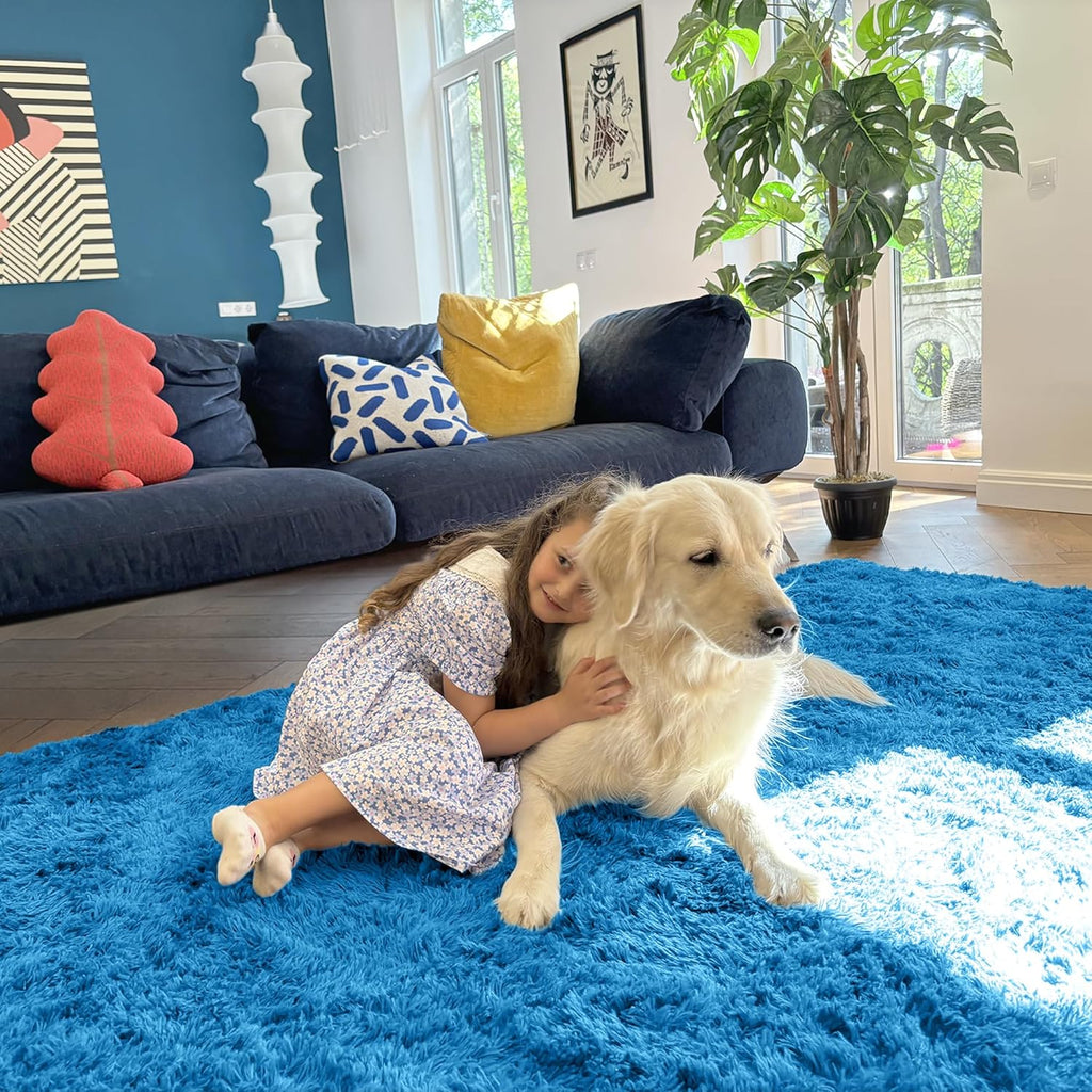 OLANLY Small Bedside Rug - Soft Fluffy Shaggy Throw Rug for Bedroom & Living Room | Bright Blue