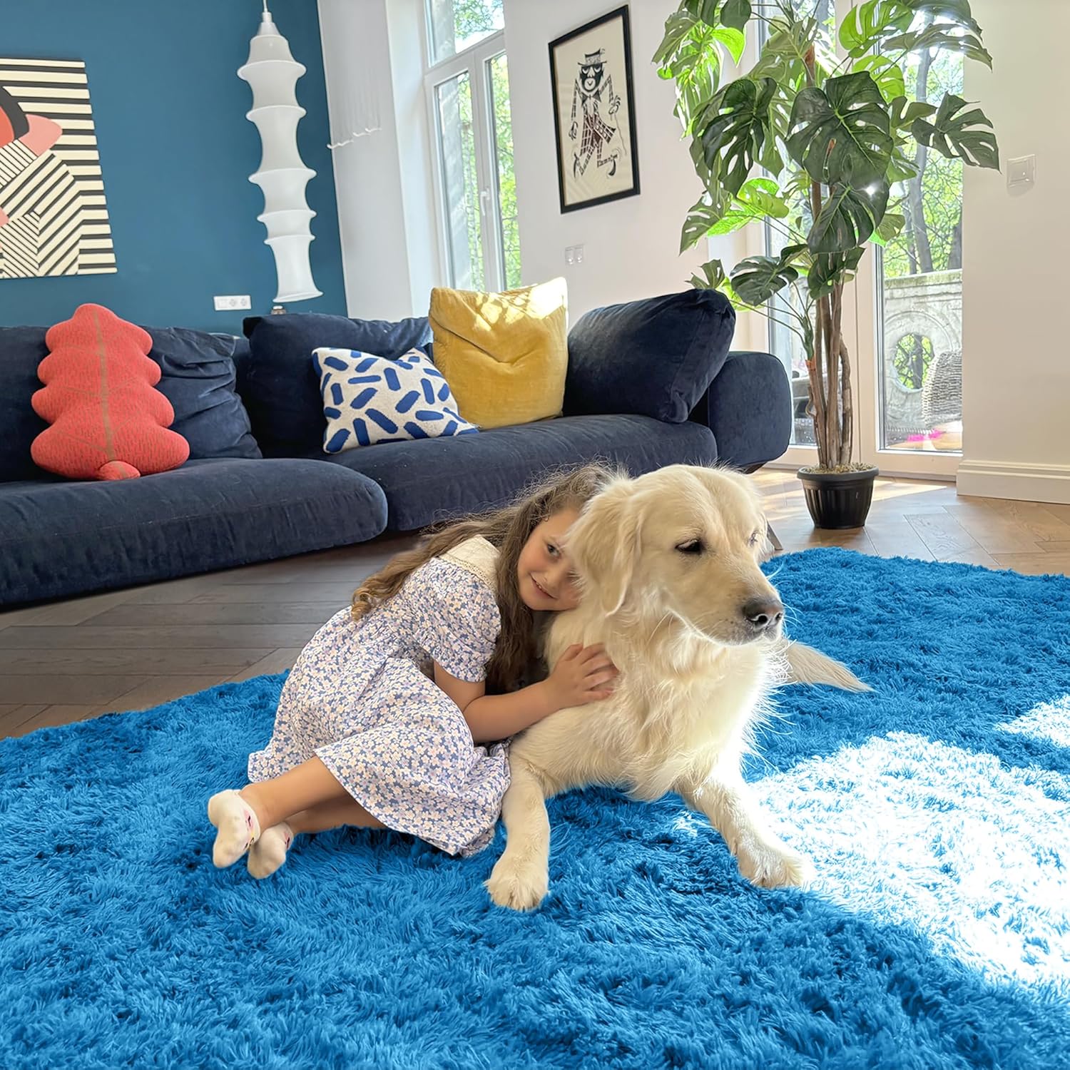 OLANLY Small Bedside Rug - Soft Fluffy Shaggy Throw Rug for Bedroom & Living Room | Bright Blue