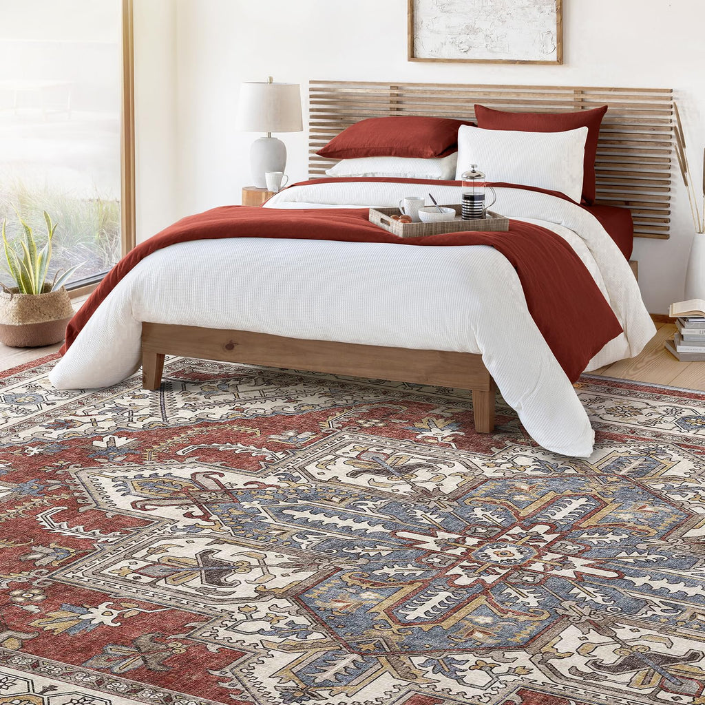 WITSHOCK Living Room Area Rugs 9x12: Washable Rug Boho Soft Non-Slip Low Pile Stain Resistant Foldable Carpet for Bedroom Playroom Dining Room Office Kitchen Farmhouse Home Decor Rug-Rust/Lvory