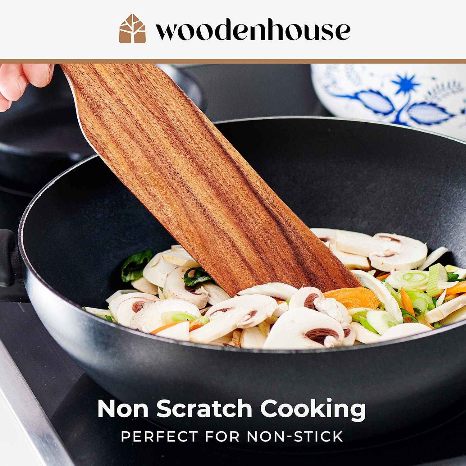 Woodenhouse Teak Spurtle Set of 5 - Non-Stick Kitchen Tools for Serving, Stirring & Mixing