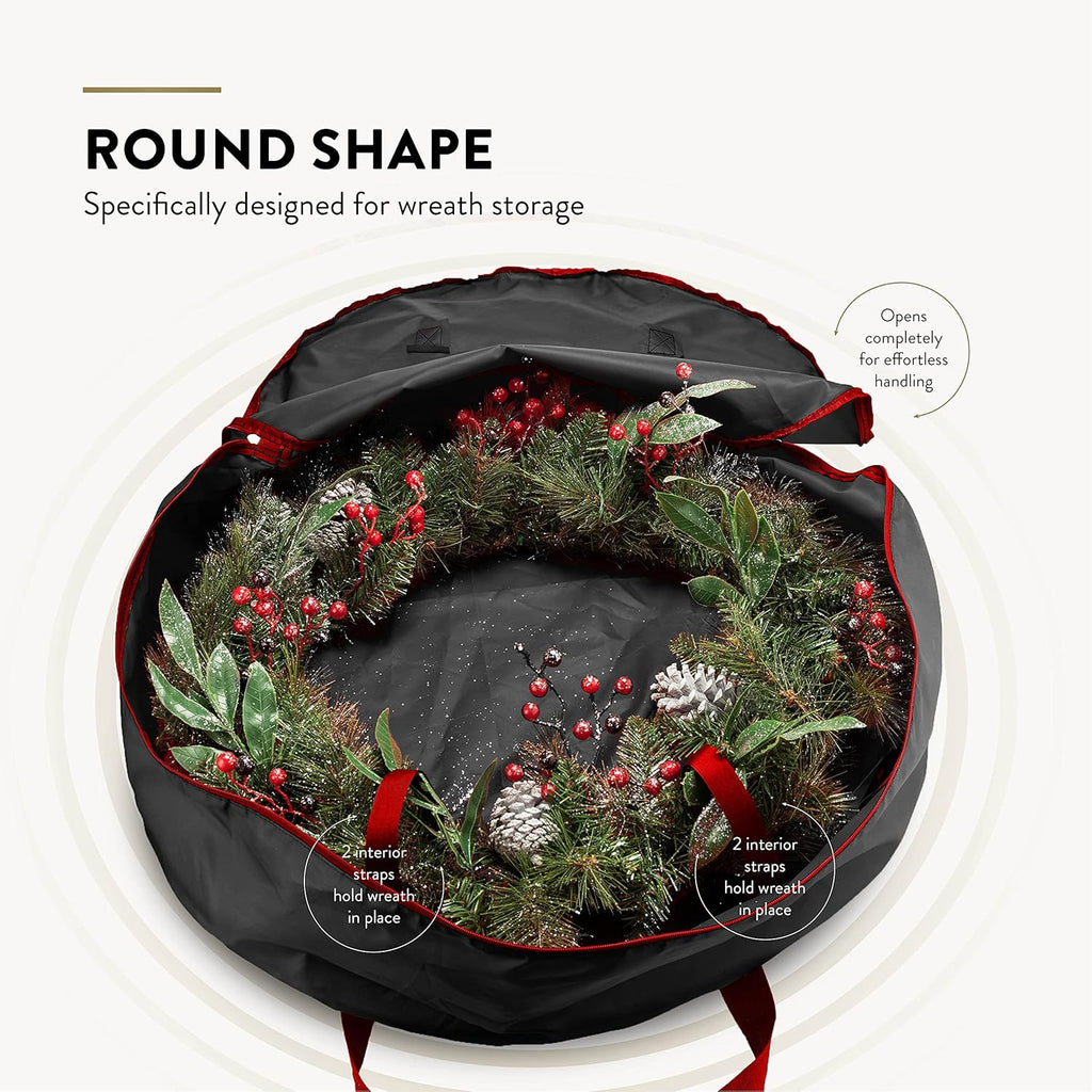 ZOBER Oxford Christmas Wreath Storage Container - 24 Inch Waterproof Bag with Dual Zippers & Durable Handles - Black