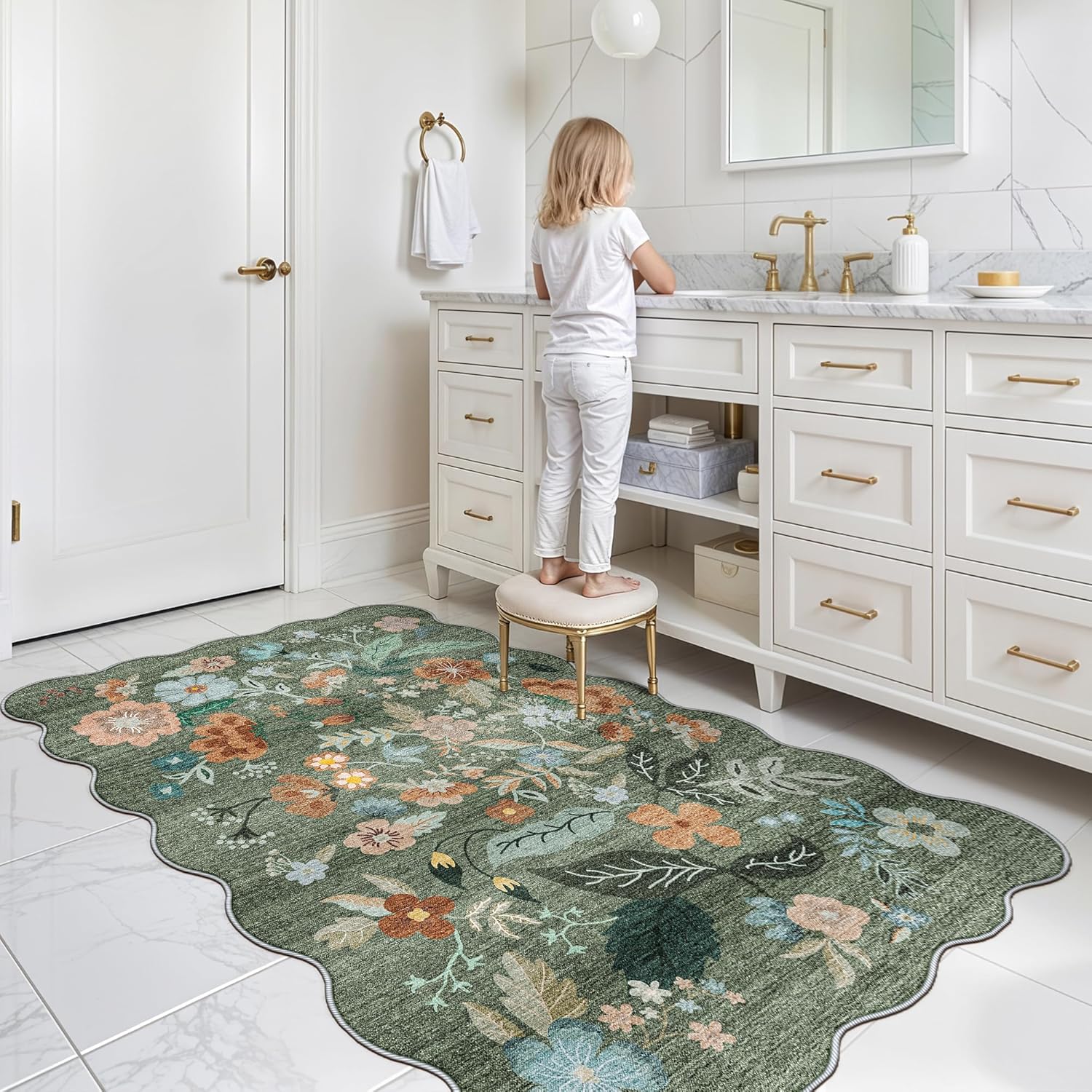Skiennix Washable 3x5 Entryway Area Rug - Ultra Soft Low Pile Carpet with Non-Slip Backing | Floral Green Design