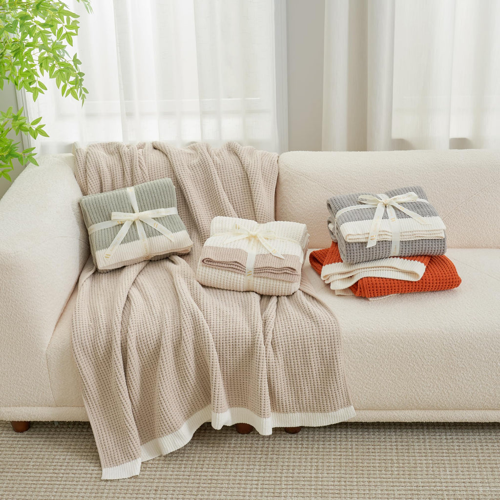 Amélie Home Waffle Throw Blanket for Couch Twin, Soft Cozy Chenille Knit Blanket Warm Decorative Throw for Sofa, Bed, Living Room, 60"x80", Beige