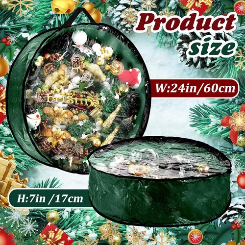 Dunzy Christmas Wreath Storage Bag - 8-Piece Tear-Resistant Fabric with Clear Window | 24x24x7.8 Inch, Green