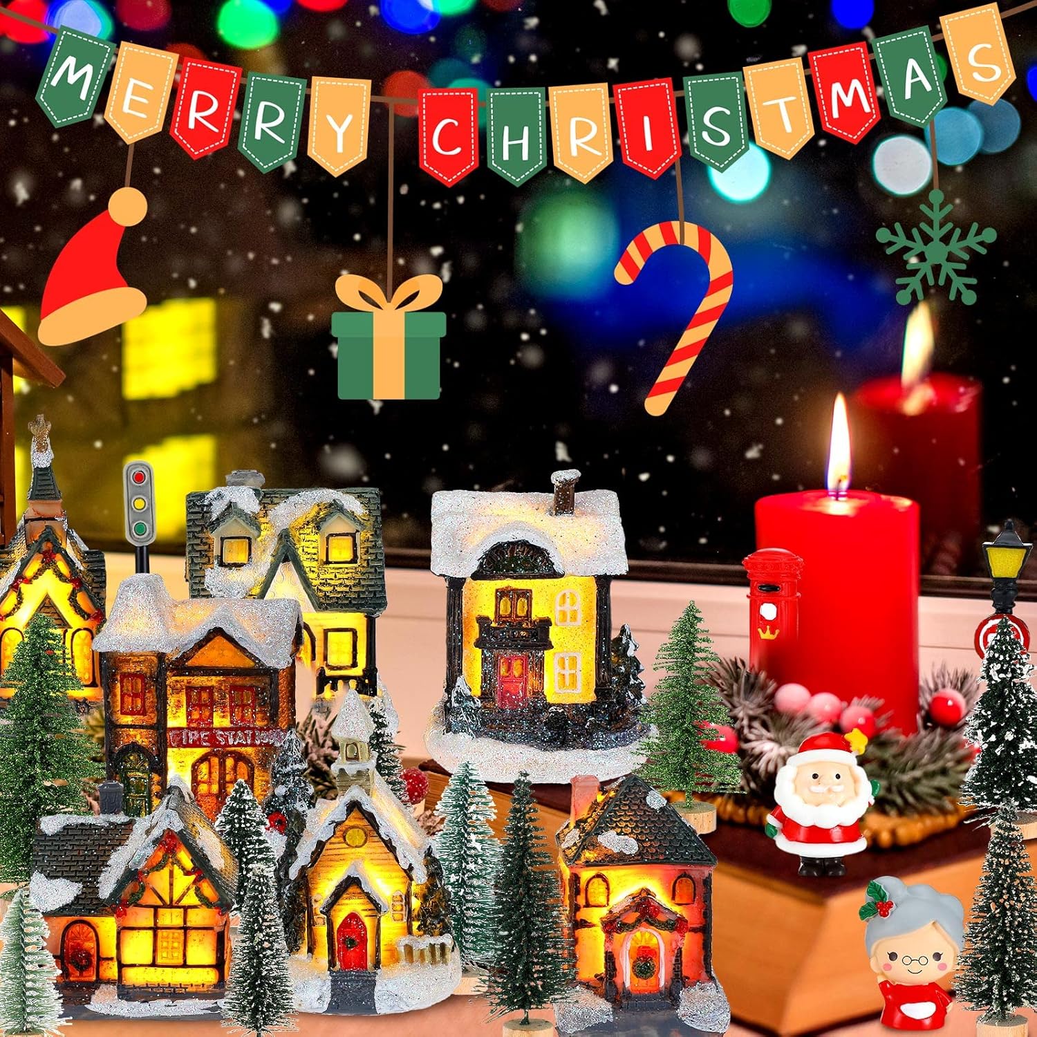 Woanger Christmas Village Set - 29 LED Lighted Houses & Figurines for Holiday Decor | Poly Resin Collectibles