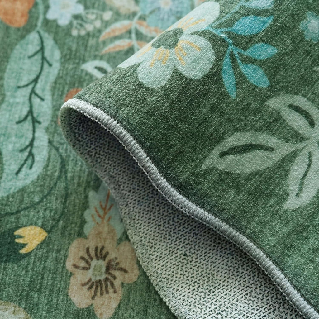 Skiennix Washable 3x5 Entryway Area Rug - Ultra Soft Low Pile Carpet with Non-Slip Backing | Floral Green Design