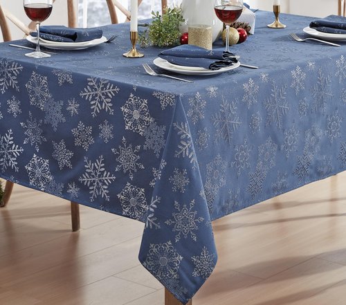 Newbridge Fancy Metallic Snowflake Christmas Fabric Tablecloth, 60 x 144 Inch Rectangle, Navy Silver, No-Iron Soil Resistant Sparkling Snowflakes Woven Holiday Table Cover
