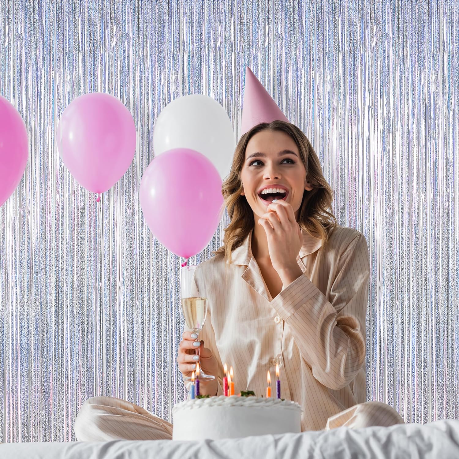 Skiennix Silver Tinsel Foil Curtain - 4 Pack Glitter Backdrop for Parties | 3.28 FT x 7.05 FT