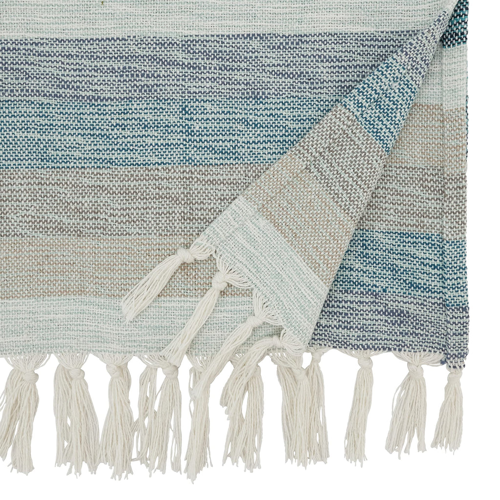 SARO LIFESTYLE Striped Table Runner with Fringe - Woven Cotton Blend Table Runner for Dining Table, Kitchen Table, Farmhouse and Rustic Home Décor, 16"x120", Aqua