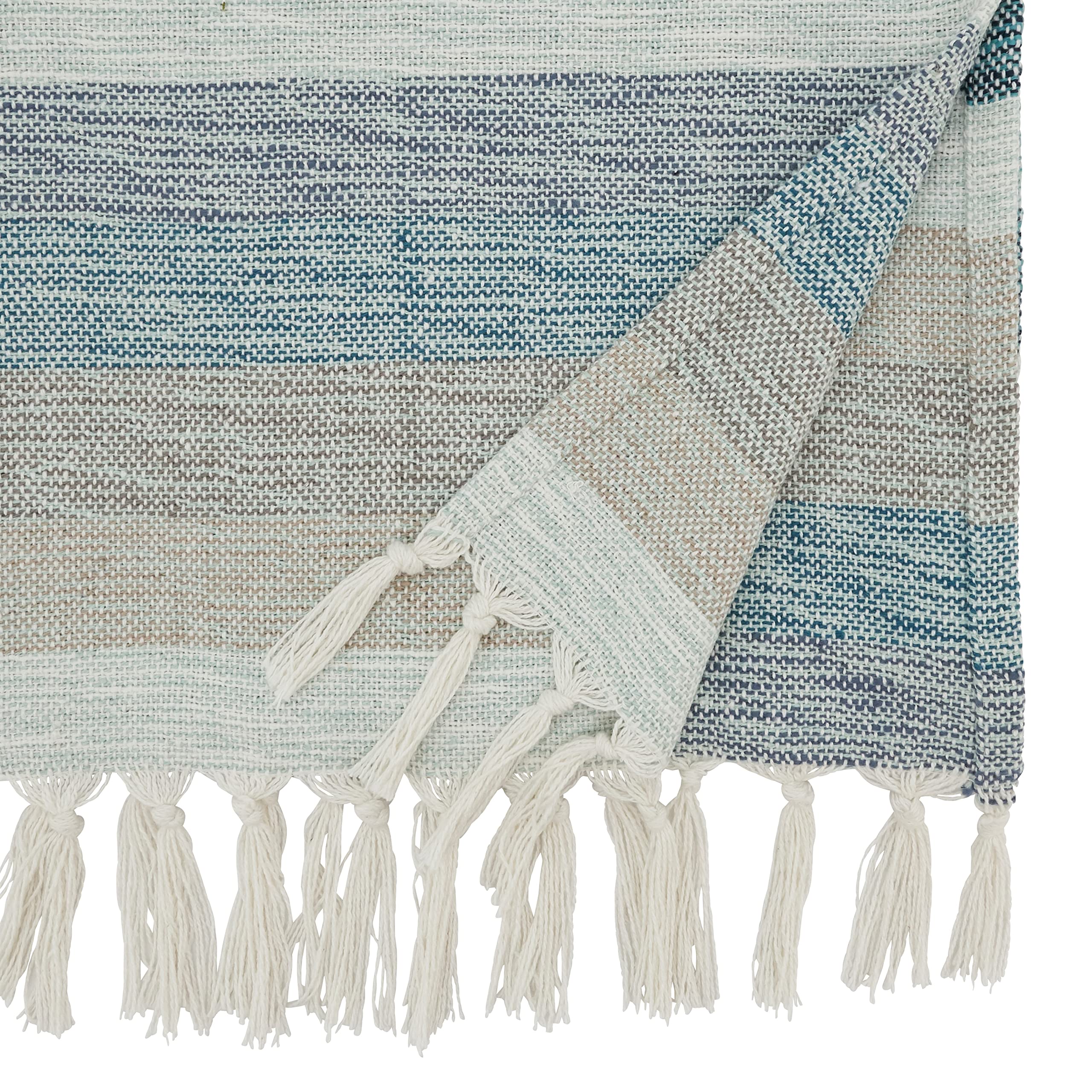SARO LIFESTYLE Striped Table Runner with Fringe - Woven Cotton Blend Table Runner for Dining Table, Kitchen Table, Farmhouse and Rustic Home Décor, 16"x120", Aqua