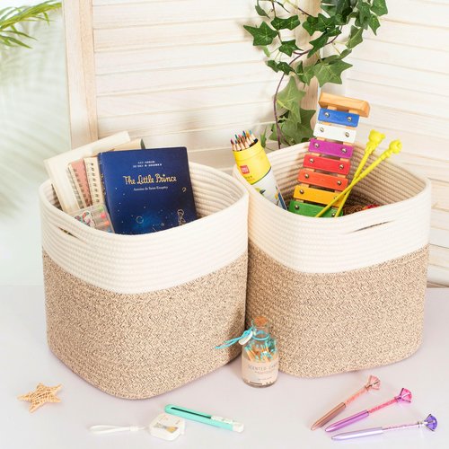 MINTWOOD Design 3-Pack 11x11in Woven Cube Storage Bin and Shelf Baskets, Cute Decorative Square Organizer for Closet, Classroom, Bathroom, Dog and Cat Toys, and Books, Light Brown