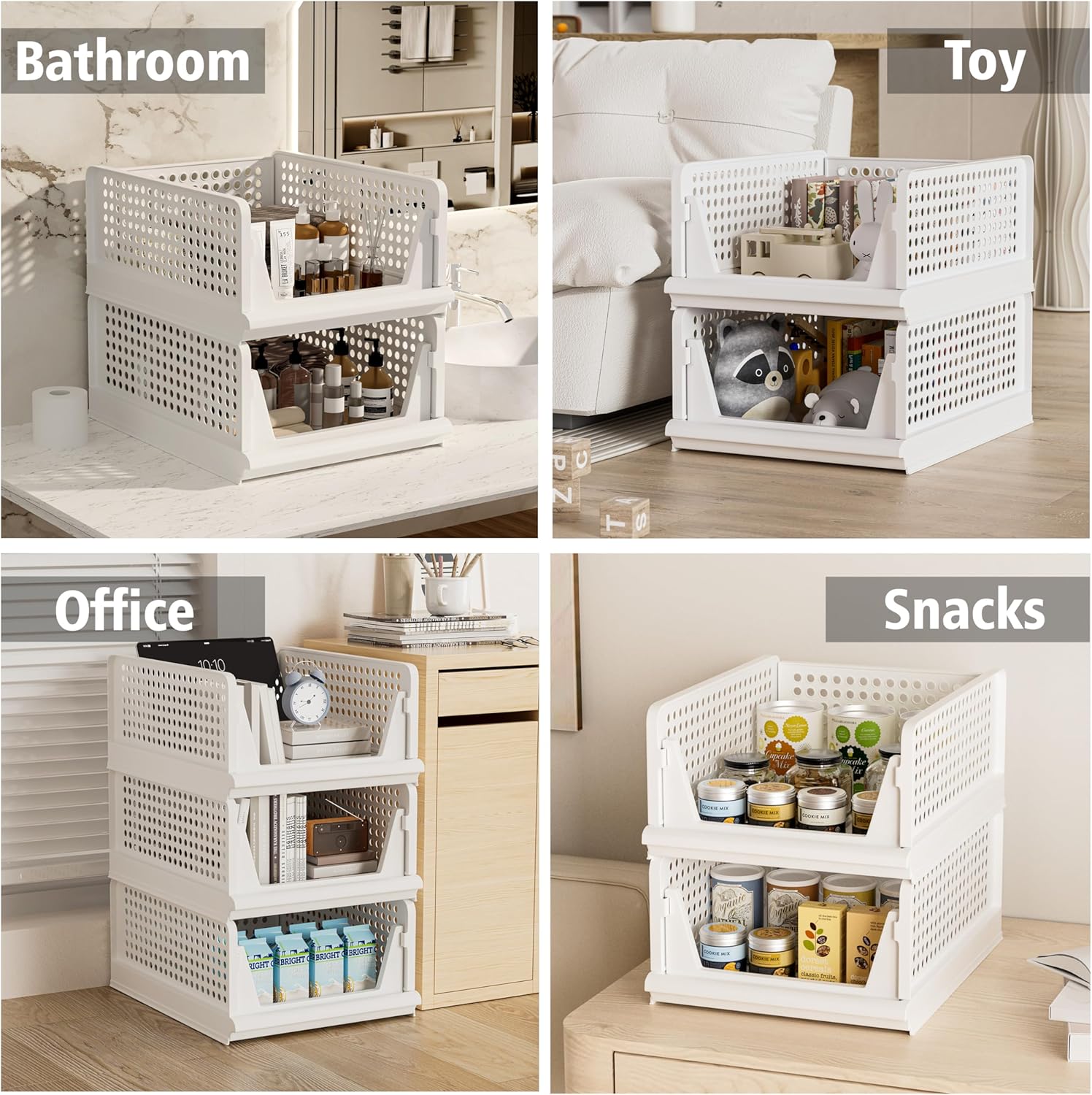 Proarea Stackable Storage Bins - 5 Pack Foldable Closet Organizer Baskets for Clothes | White