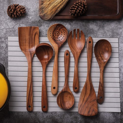 Wooden Non-Stick Kitchen Pan Toolset 7 Pieces Set,100% Natural Teak Kitchen Utensils Spatula, Wooden Cooking Utensils Spoons, Fried Spatula and Salad Fork