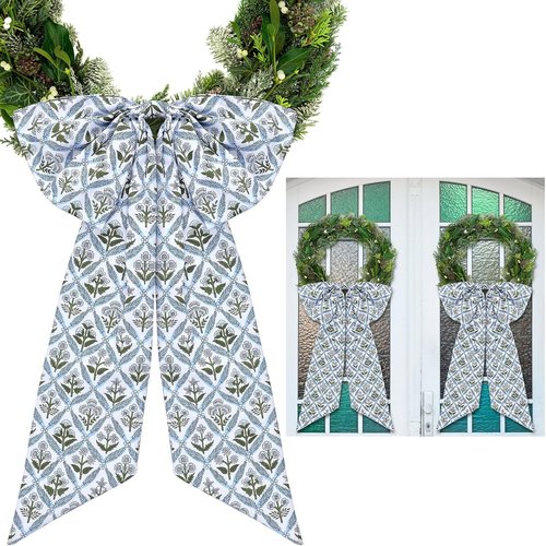 HunnmingRe Christmas Wreath Sash - 2 Pcs Blue Block Print Bow | 24 x 16 Inch Floral Burlap Decor