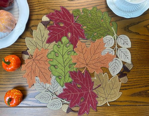 KEVA Fall Placemats Set of 4, 15inch Round Placemats, Fall Table Decorations for Home, Autumn Maple Leaves Cutwork Embroidered Placemat for Harvest Thanksgiving Holiday Decor
