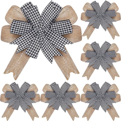 Chuangdi Burlap Wreath Bows - Rustic Buffalo Plaid Decorative Bows for Front Door | 6 Pcs, 6.3 Inch Black & White