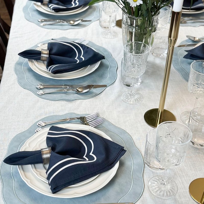 Bryonia Embroidered Scalloped Faux Leather Placemats Set of 4 - Earth Tone, Soft, Wipeable Luxury Dinner Table Mats for Dining & Wedding, Gift for Mom, 17.25" x 15", Light Blue Gray