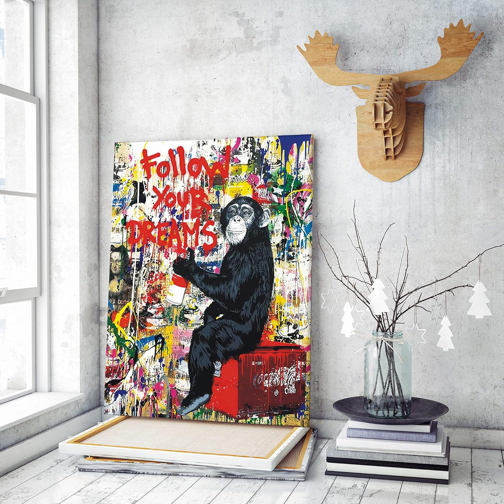AKOTAC Monkey Street Graffiti Canvas Print - Follow Your Dreams Animal Art for Living Room & Office Decor | Framed & Ready to Hang
