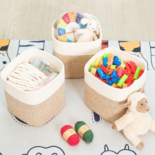 MINTWOOD Design 3-Pack 11x11in Woven Cube Storage Bin and Shelf Baskets, Cute Decorative Square Organizer for Closet, Classroom, Bathroom, Dog and Cat Toys, and Books, Light Brown