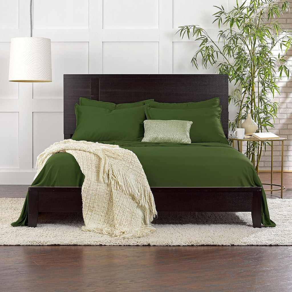 Pure Bamboo Twin Sheets - Luxuriously Soft & Cooling 100% Organic Viscose Bed Sheet Set | Pesto Color, Double Stitching