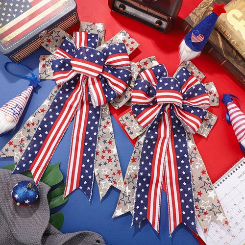 Jutom Patriotic Bow Wreath - Red, White & Blue Star Burlap Design for 4th of July & Veterans Day Decor