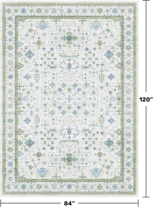 Hazo Haus Area Rug - Vintage Boho Floral Design in Blue & Green | 7x10 Washable Non-Slip Extra Large for Living Room & Bedroom
