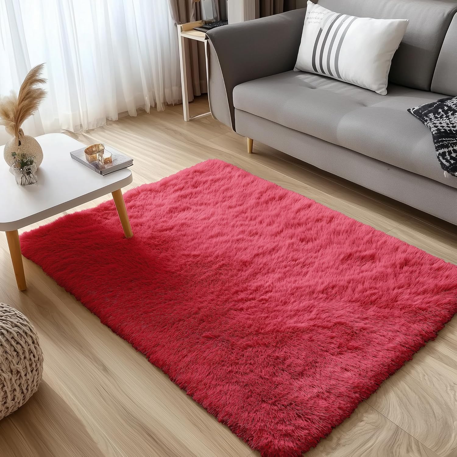 OLANLY Soft Fluffy 3x5 Machine Washable Bedside Rug - Cozy Indoor Carpet for Kids & Nursery, Red