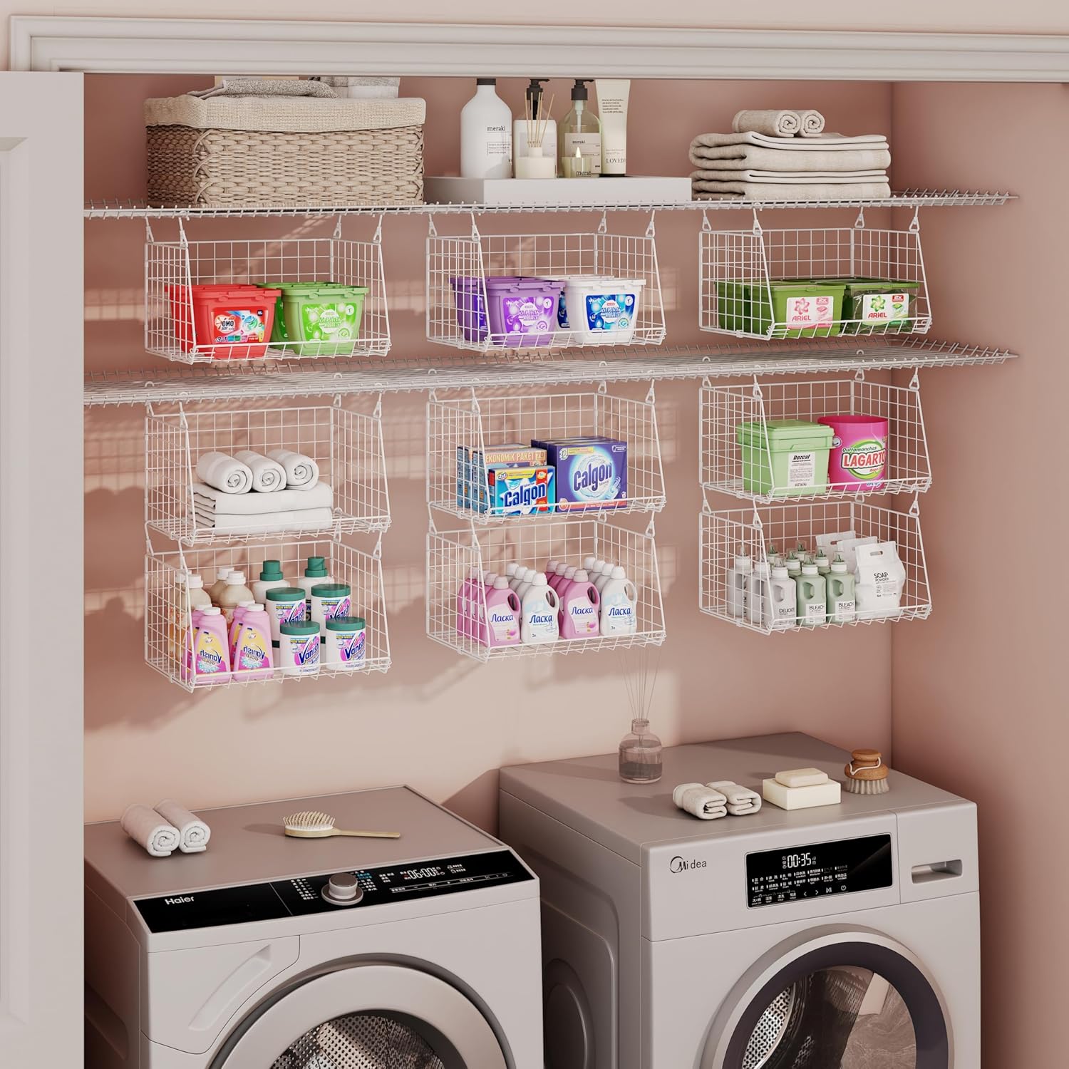 Skiennix 3-Tier Hanging Laundry Basket Organizer - Foldable Wire Shelf with 360° Rotating Hooks | Space-Saving Solution in White