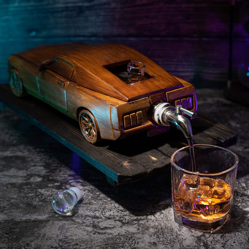 Car Whiskey & Wine Decanter Set 500ml - Very Large 13" L - Gifts, Wooden Car Mustang, Fastback Maisto Car Limited Edition, Great Bar Gift!