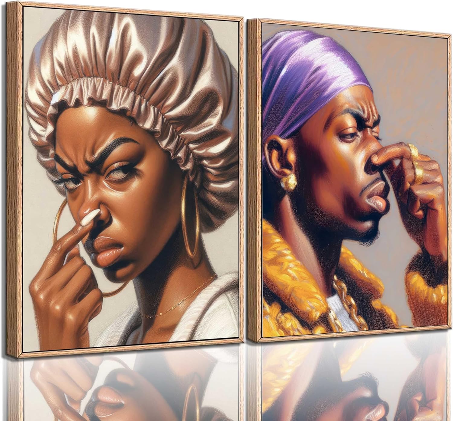 Skiennix Funny African American Bathroom Wall Art - 2Pcs Pinch Nose Canvas Prints | Funky Humor Decor
